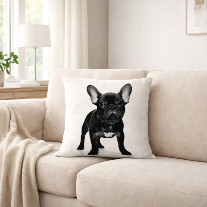 A square cushion cover featuring a black and white illustration of a French Bulldog, resting on a beige fabric sofa in a bright, modern living room.