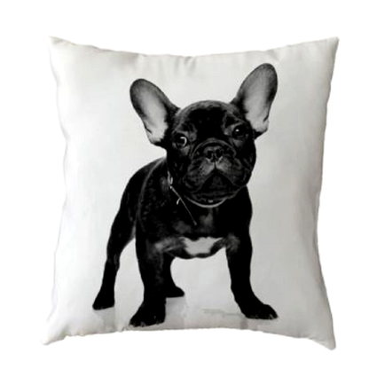 Pillow with a grey French Bulldog dog illustration on a white background