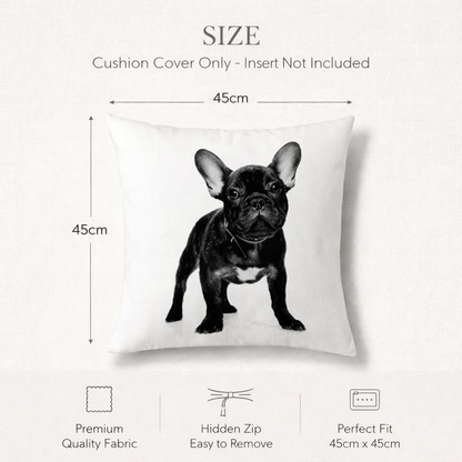 Size diagram for a square cushion cover showing a grey French bulldog printed on a white cover, with dimension labels of 45cm by 45cm and text stating the cushion cover only and insert not included.