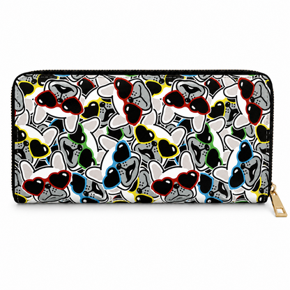 A zip-around wallet with a dense graphic pattern of cartoonish white and grey French Bulldog faces wearing coluorful heart-shaped sunglasses in red, blue, yellow, green, and black, shown on a plain white background.
