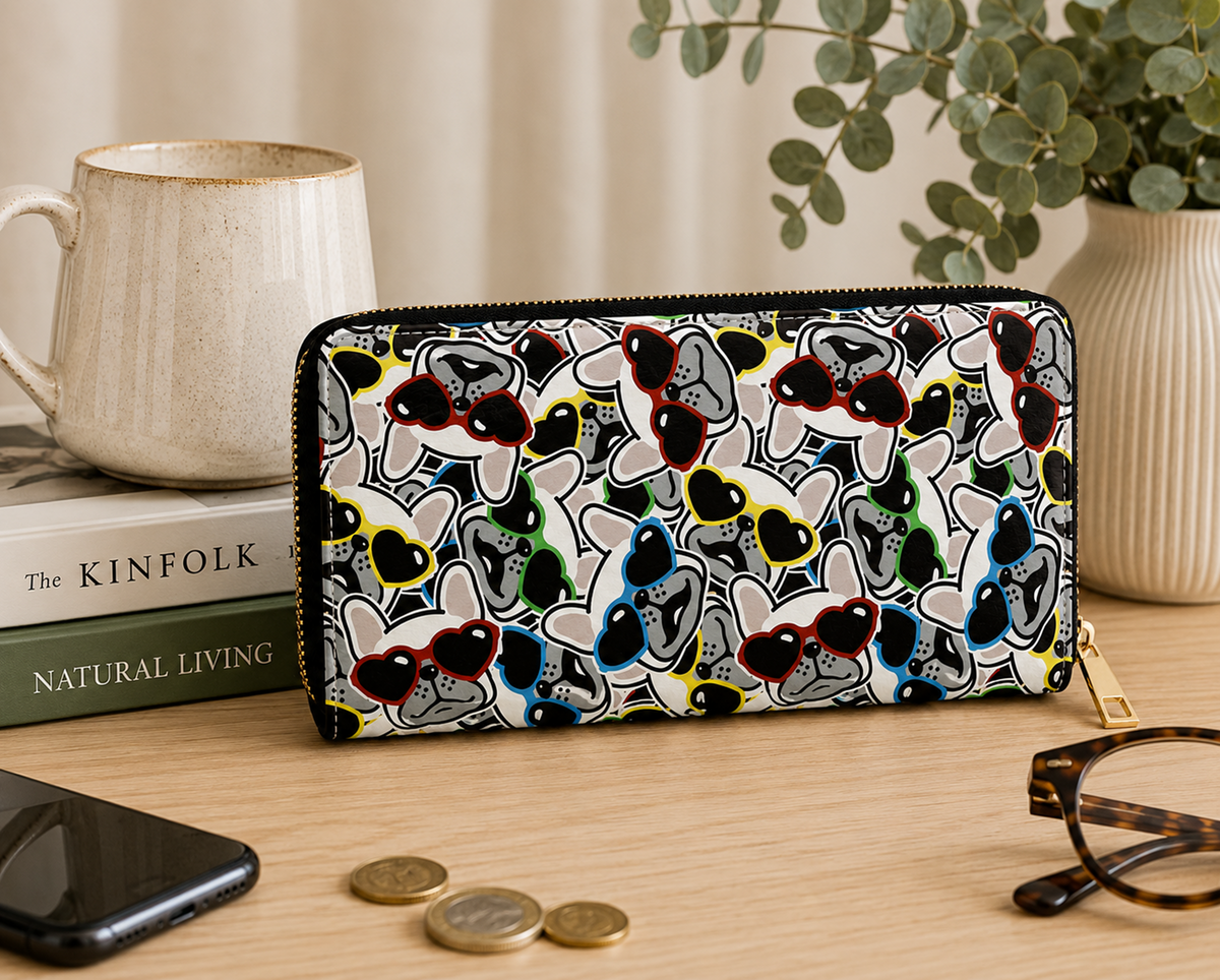 A zip-around wallet with a colourful abstract pattern of cartoon French Bulldog faces and shapes, styled on a wooden desk with a mug, books, phone, coins, and eyeglasses.