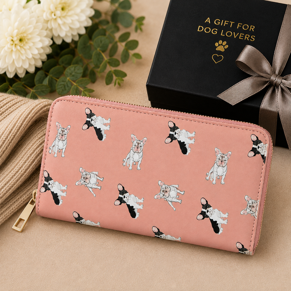 A pink zip-around wallet with a repeating black-and-white French Bulldog print, displayed next to a black gift box with gold lettering and a beige knit sweater on a tan surface.