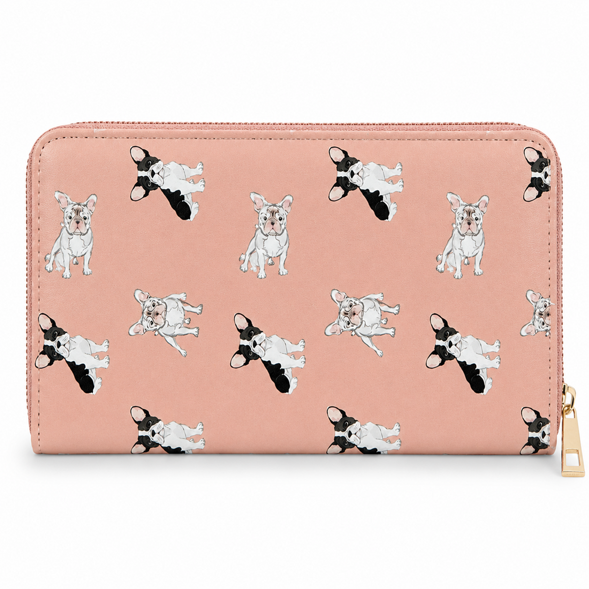 A pink zip-around wallet with a repeating pattern of illustrated French Bulldog puppies in black, white, and pink, shown on a clean white background with a gold zipper pull.