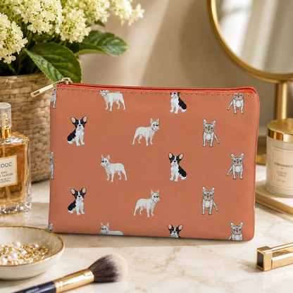 A pink cosmetic bag with a repeating pattern of French Bulldog illustrations, styled on a marble surface with beauty props and flowers.