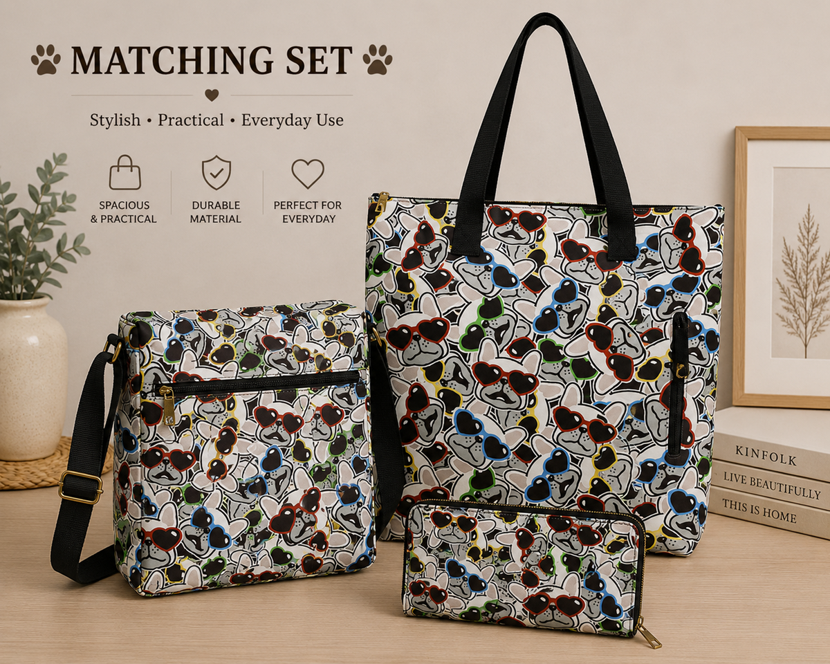 Three matching tote and shoulder bags in a coordinated multicolour French Bulldog print set, displayed on a tabletop with decorative props and promotional text reading 'MATCHING SET'. The bags feature an abstract line pattern in black, white, blue, green, red, and yellow, with black handles and straps.