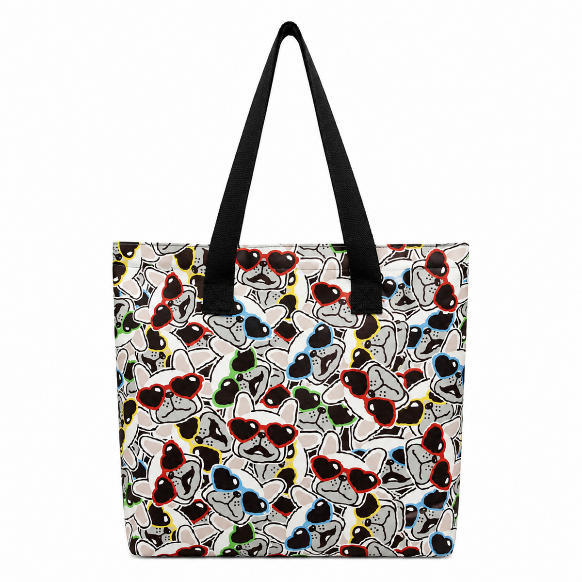A tote bag with black shoulder straps, featuring a dense cartoon graphic print of stylised French Bulldog faces wearing red, black, blue, green, and yellow sunglasses on a light background.