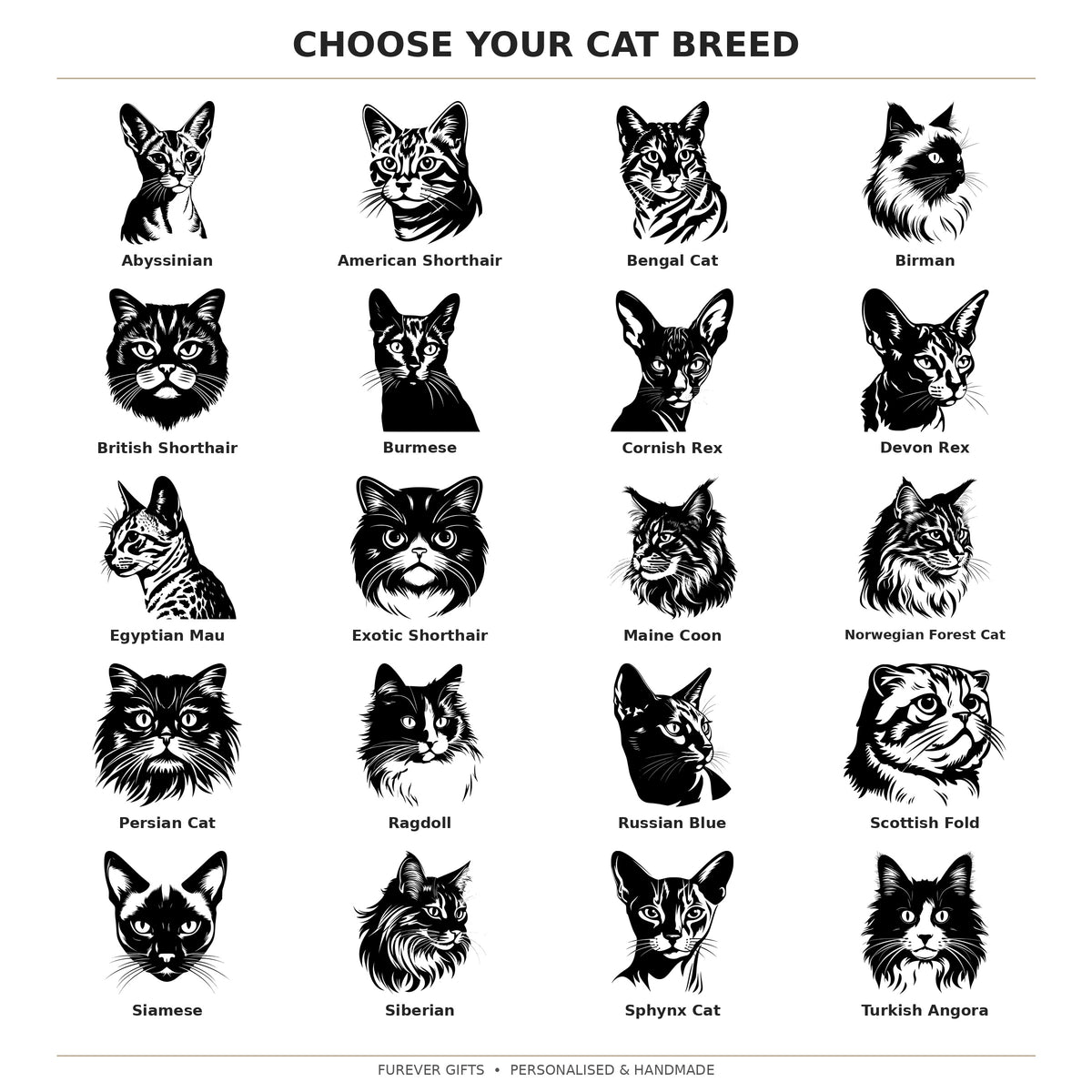 A black-and-white breed chart titled 'CHOOSE YOUR CAT BREED' showing 20 different cat portrait illustrations arranged in a grid with names beneath each, including Abyssinian, American Shorthair, Bengal Cat, Birman, British Shorthair, Burmese, Cornish Rex, Devon Rex, Egyptian Mau, Exotic Shorthair, Maine Coon, Norwegian Forest Cat, Persian Cat, Ragdoll, Russian Blue, Scottish Fold, Siamese, Siberian, Sphynx, Turkish Angora, and Turkish Shorthair.