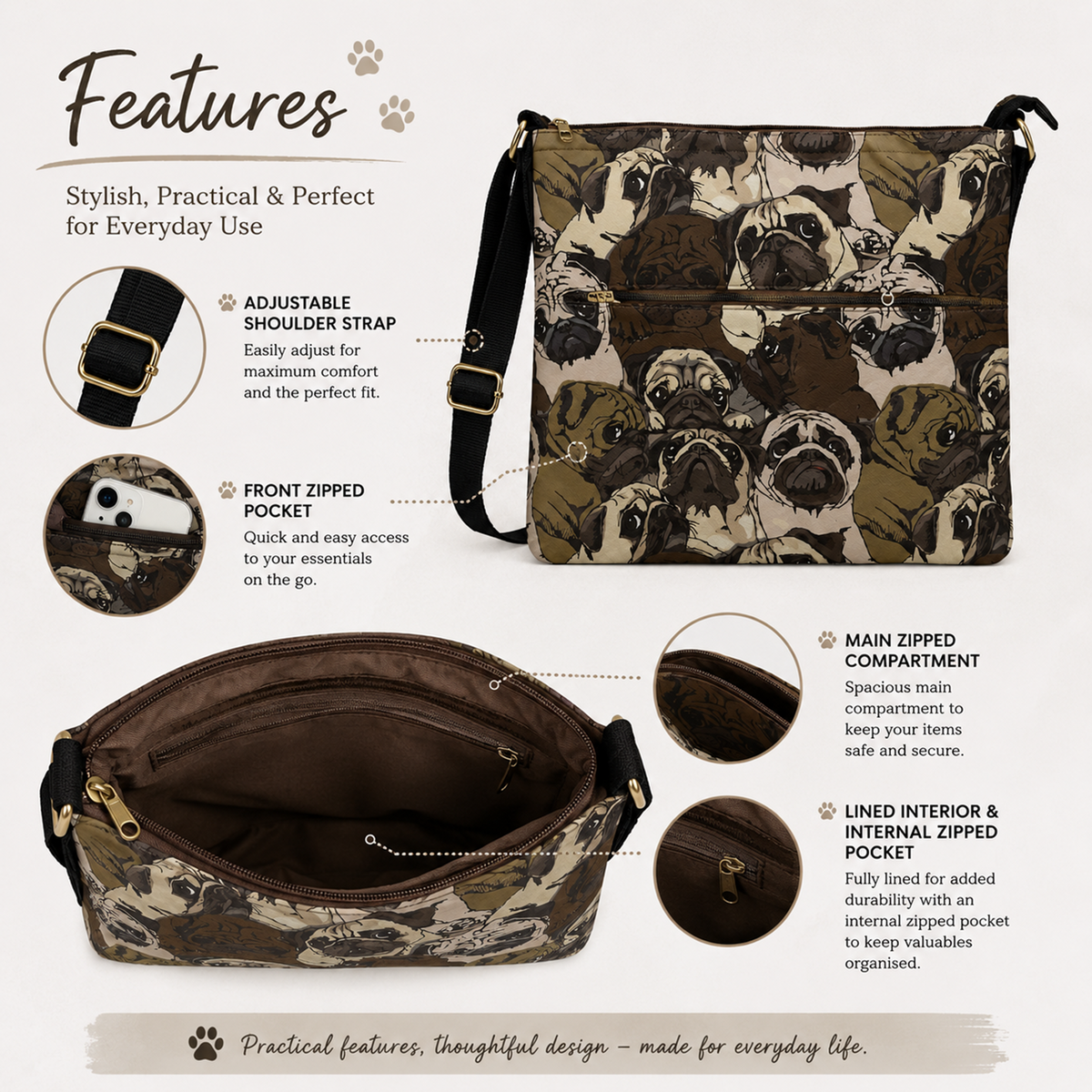 A product infographic for a shoulder bag, showing the bag from multiple angles with callout lines and text describing its features, including an adjustable shoulder strap, front zippered pocket, main zippered compartment, and lined interior. The bag has a brown and beige woodland-style pattern with dog illustrations.