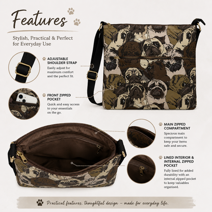 A product infographic for a shoulder bag, showing the bag from multiple angles with callout lines and text describing its features, including an adjustable shoulder strap, front zippered pocket, main zippered compartment, and lined interior. The bag has a brown and beige woodland-style pattern with dog illustrations.