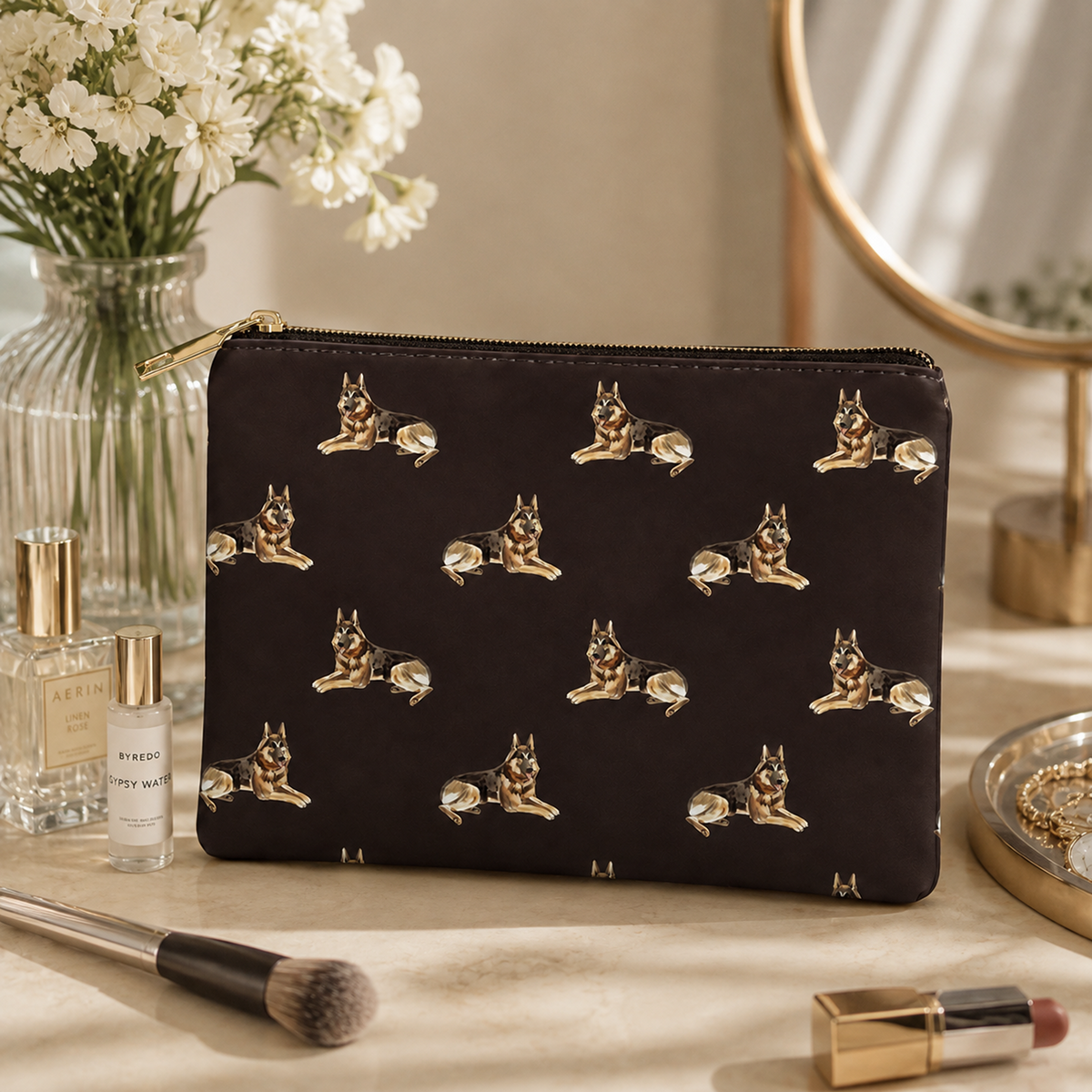 A black zipped cosmetic bag with a repeating German Shepherd Alsatian dog pattern, styled on a marble surface with flowers, makeup items, and a mirror in the background.