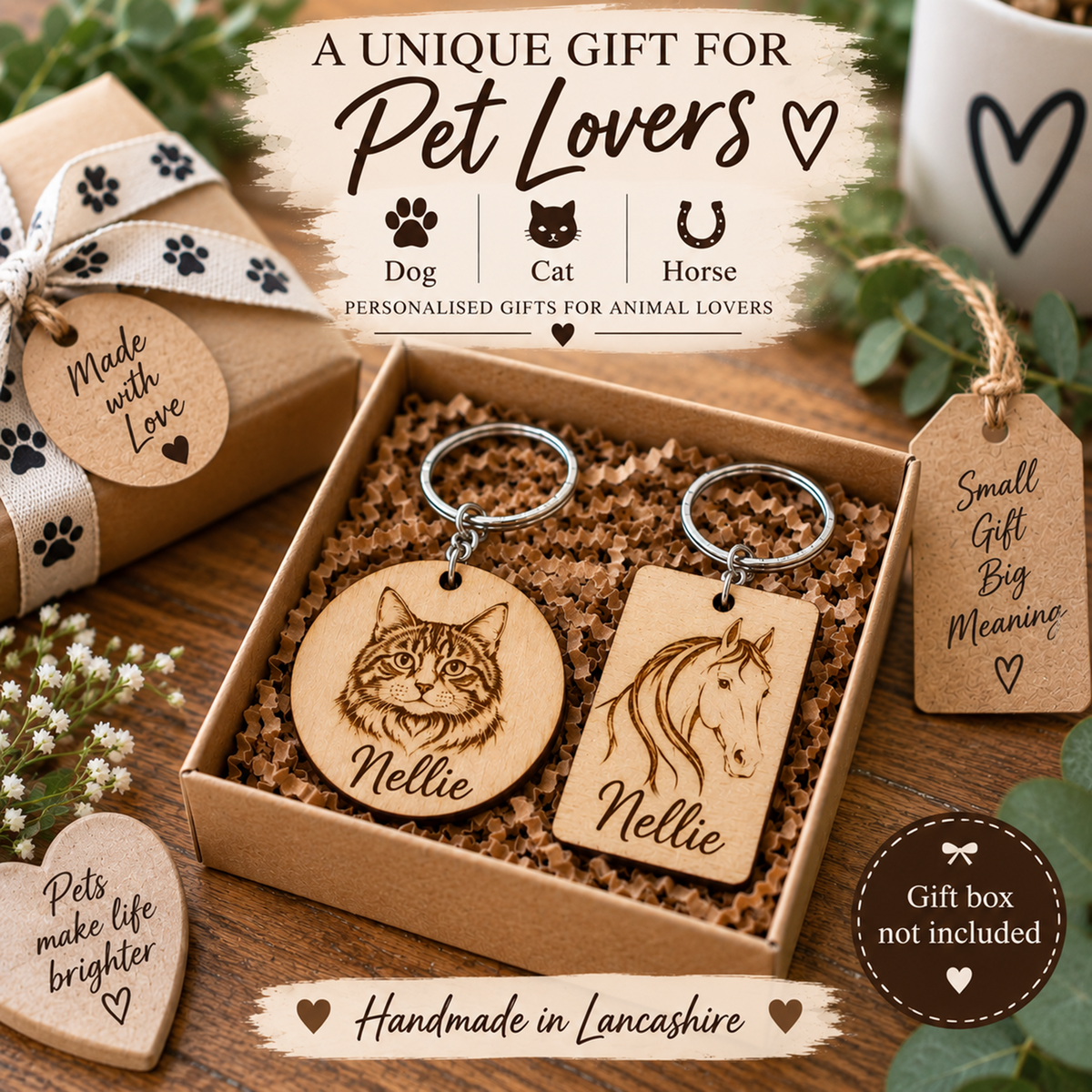 Personalised wooden pet keychains in a kraft gift box, shown with a wrapped box, heart tags, and decorative greenery on a wooden surface. The keychains are engraved with cat and horse portraits and the name 'Nellie'.