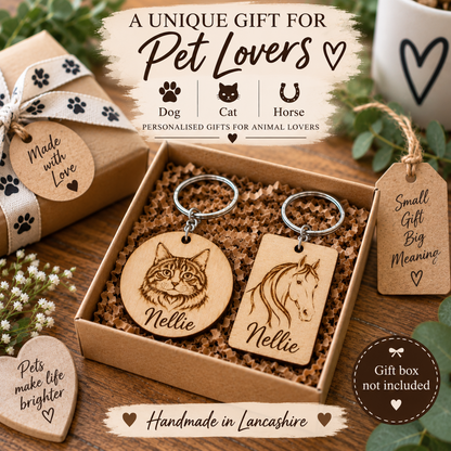Personalised wooden pet keychains in a kraft gift box, shown with a wrapped box, heart tags, and decorative greenery on a wooden surface. The keychains are engraved with cat and horse portraits and the name 'Nellie'.
