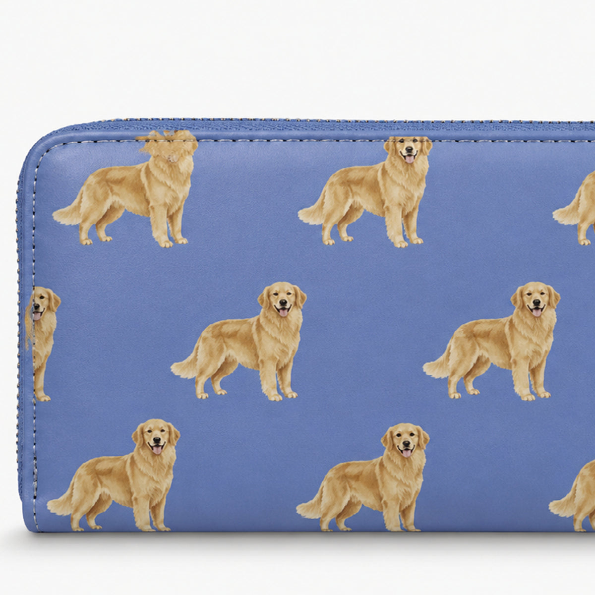 A blue zip-around wallet featuring a repeating pattern of golden retriever dogs, shown against a plain white background.