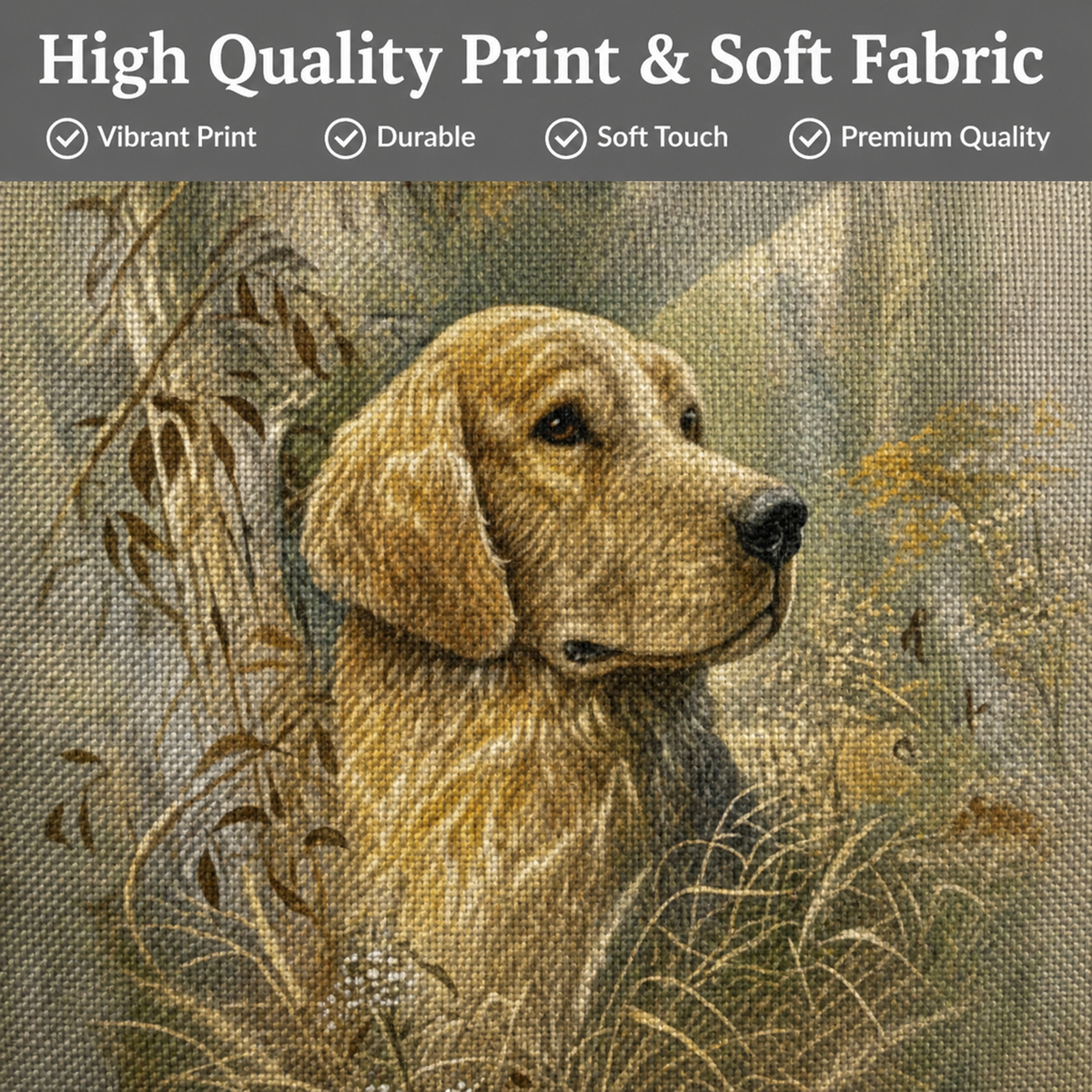 Golden Labrador Retriever dog cushion cover close up.