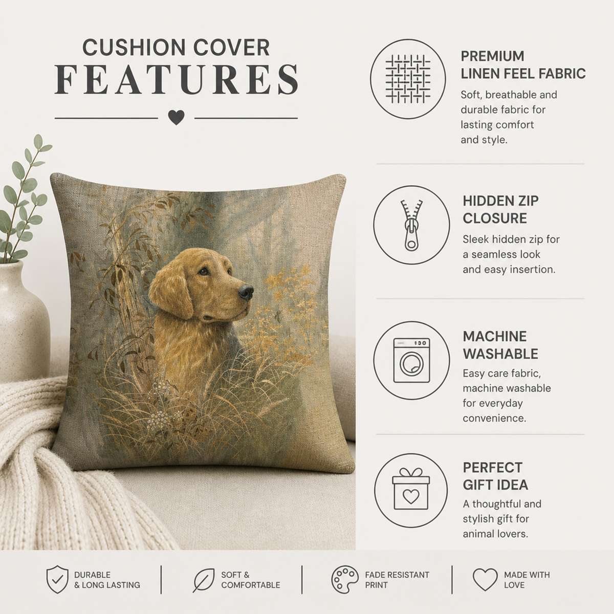 Golden Labrador Retriever dog cushion cover features.