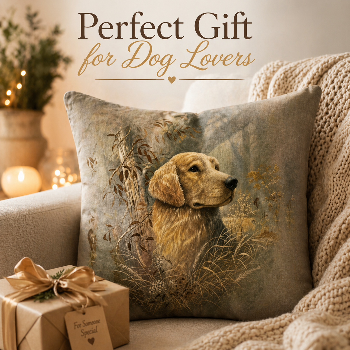 A square cushion cover featuring a printed portrait of a golden labrador retriever dog in a grassy field, styled on a beige armchair with a knitted blanket and a wrapped gift box. Text at the top reads 'Perfect Gift for Dog Lovers'.