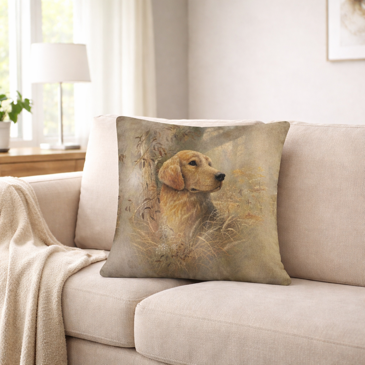 A square cushion cover featuring a golden Labrador Retriever dog in a field, styled on a beige fabric sofa in a bright, modern living room.