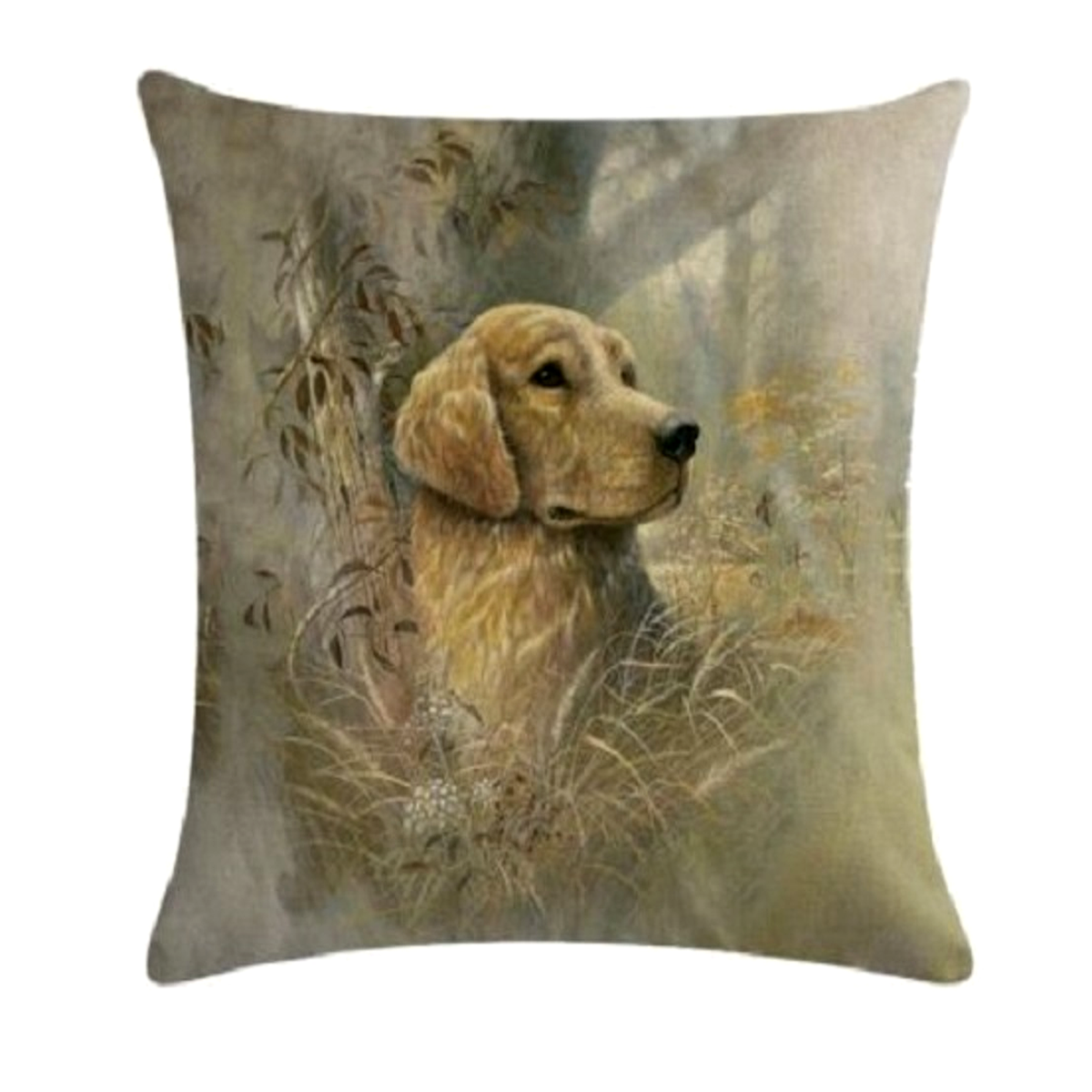 Decorative cushion cover with a golden Labrador Retriever dog design on a white background