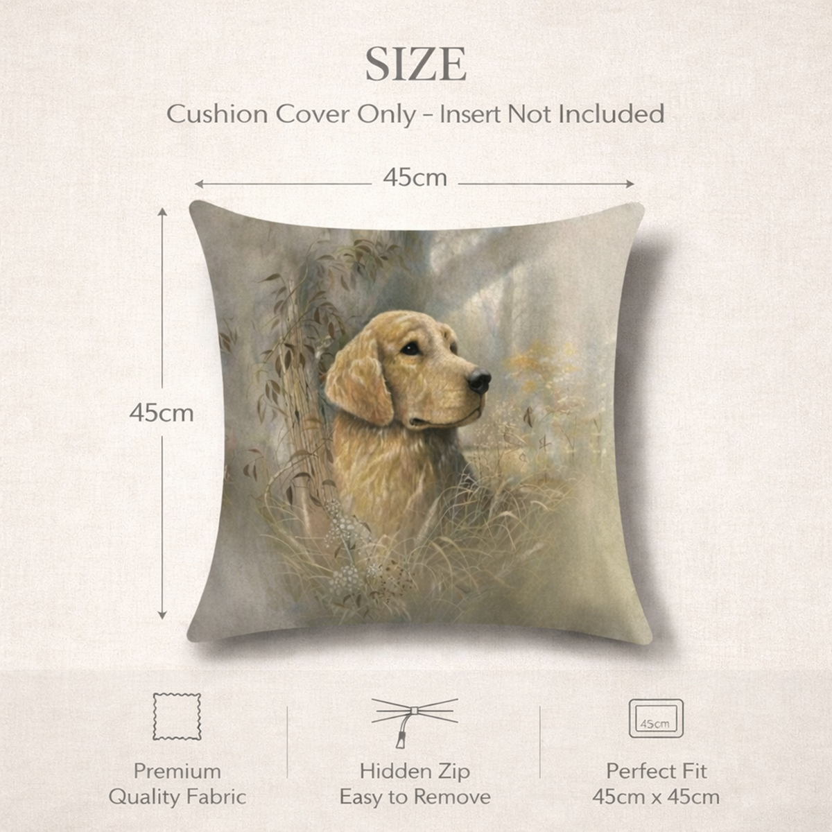 Size diagram for a square cushion cover showing a printed golden labrador retriever design. The image includes text stating 'SIZE Cushion Cover Only - Insert Not Included' with dimensions marked as 45cm by 45cm, plus feature icons for premium quality fabric, hidden zip easy to remove, and perfect fit.