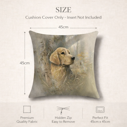 Size diagram for a square cushion cover showing a printed golden labrador retriever design. The image includes text stating 'SIZE Cushion Cover Only - Insert Not Included' with dimensions marked as 45cm by 45cm, plus feature icons for premium quality fabric, hidden zip easy to remove, and perfect fit.