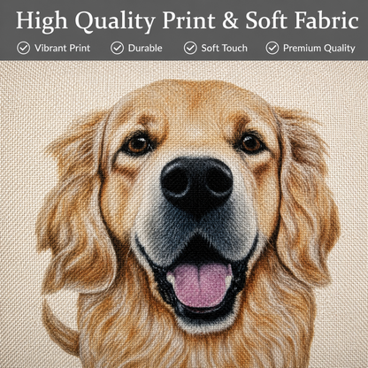 A close-up fabric print of a golden retriever face, shown on a woven textile background with promotional text at the top reading 'High Quality Print & Soft Fabric' and feature badges.