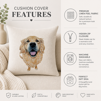 A beige cushion cover featuring a watercolor-style golden retriever dog illustration, shown on a sofa next to a text panel detailing its features: premium linen feel fabric, hidden zip closure, machine washable, fade resistant print, and made with love.