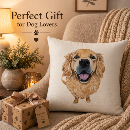 A square throw pillow with a printed golden retriever illustration sits on a beige armchair in a cozy living-room setting. A knitted blanket is draped over the chair, and a gift box with paw-print wrapping and the text 'Perfect Gift for Dog Lovers' appears in the scene.