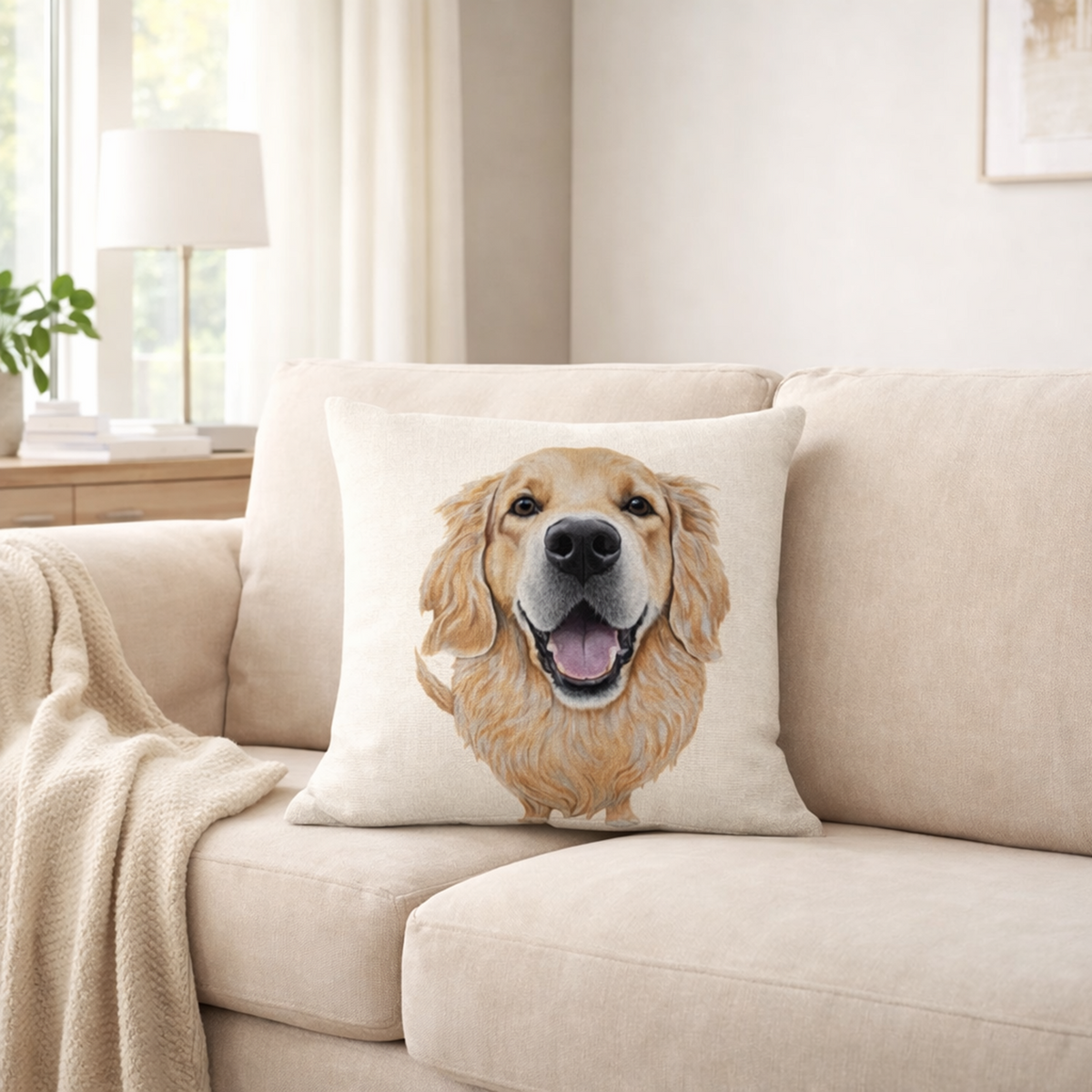 A square cream throw pillow featuring a printed portrait of a golden retriever dog, styled on a beige fabric sofa in a bright, modern living room.