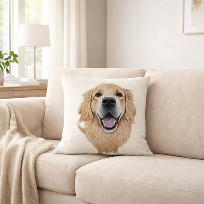 A square cream throw pillow featuring a printed portrait of a golden retriever dog, styled on a beige fabric sofa in a bright, modern living room.