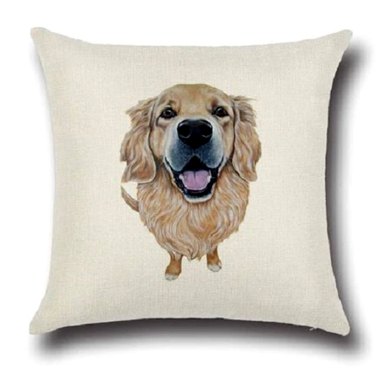 Pillow with a golden retriever design on a white background