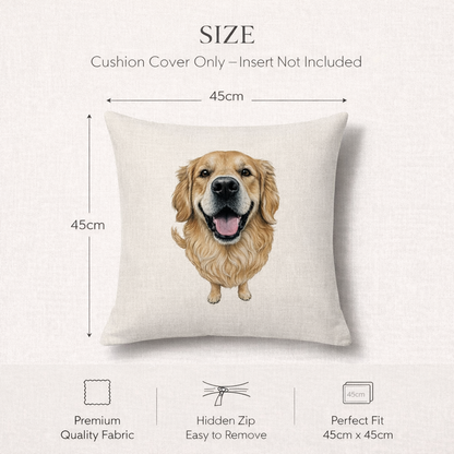 Size chart graphic for a square throw pillow cover, showing a cream-colored pillow with a printed golden retriever illustration. The graphic includes dimension labels of 45cm by 45cm and text stating 'Cushion Cover Only - Insert Not Included' along with feature icons for premium quality fabric, hidden zip, and perfect fit.