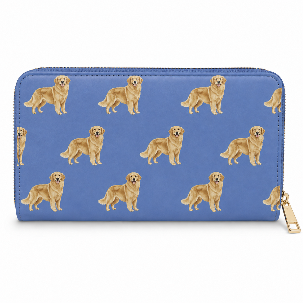A blue zip-around wallet with a repeating pattern of golden retriever dogs, shown on a clean white background with a gold zipper pull.
