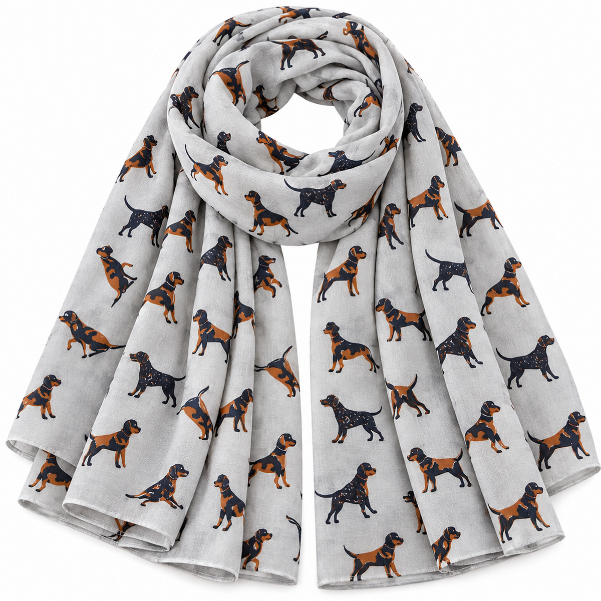 A light grey scarf featuring an all-over print of dogs in black and tan, arranged in a loop on a clean white background.