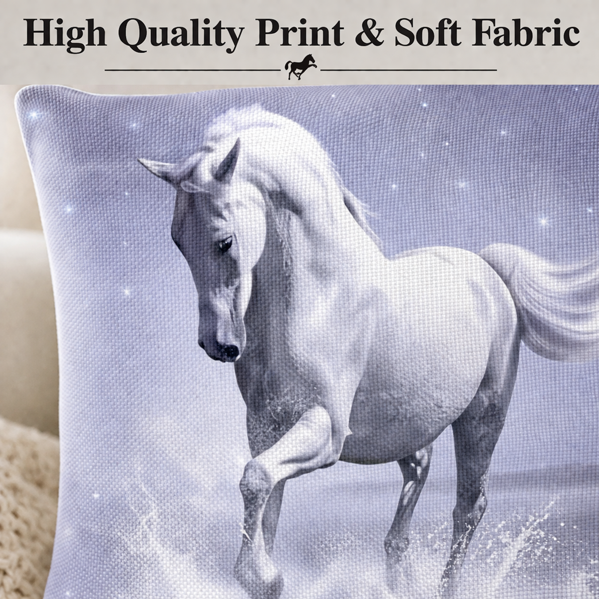 Alt text:

Close-up of a white Arabian horse cushion cover showing the detailed horse print, soft fabric texture and lilac background with the words High Quality Print & Soft Fabric.
