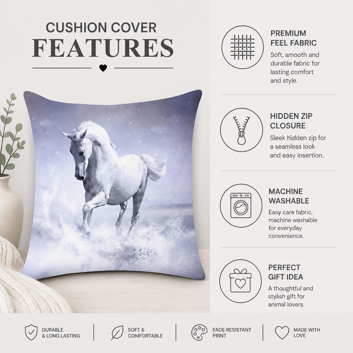 Alt text:

Arabian horse cushion cover featuring a white horse on a lilac background, with product features including soft fabric, hidden zip closure and machine washable material.