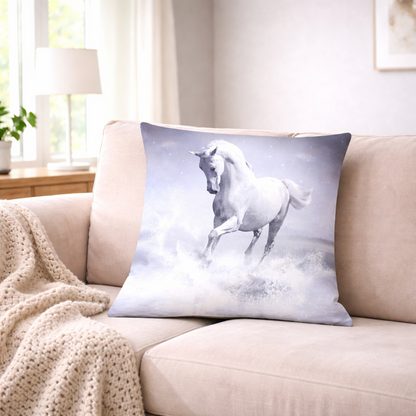 A square cushion cover featuring a printed white arab horse galloping through mist, resting on a beige sofa in a softly lit living room.