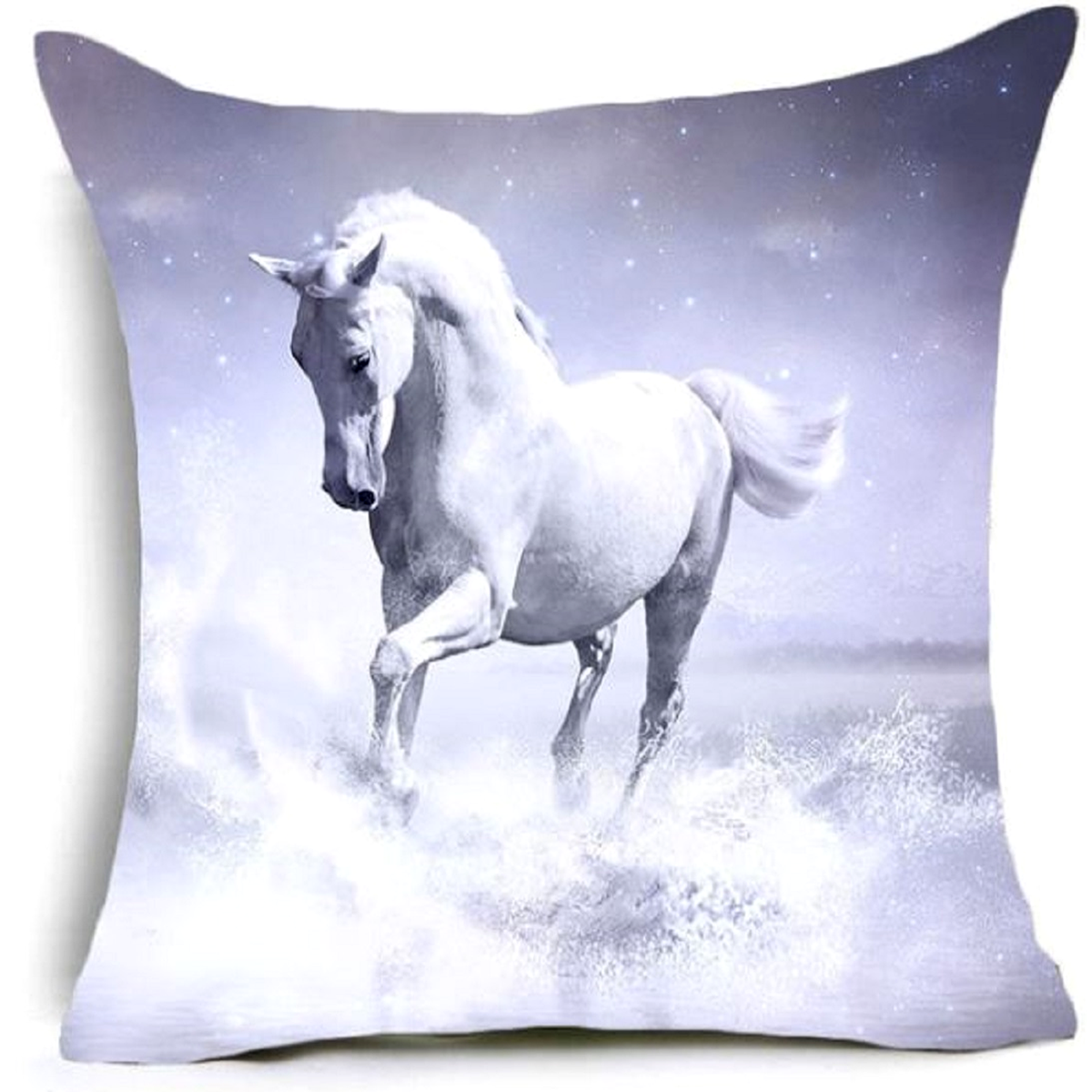 White Arabian horse splashing through water on a lilac background, featured on a soft polyester velvet decorative cushion cover.