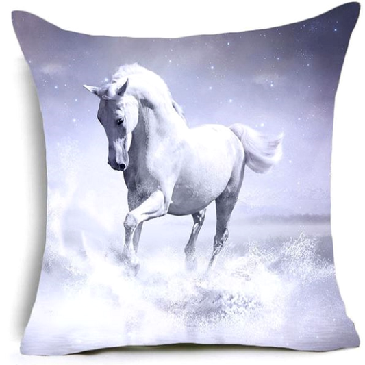 White Arabian horse splashing through water on a lilac background, featured on a soft polyester velvet decorative cushion cover.