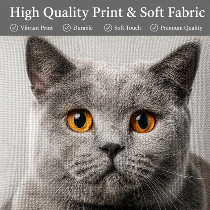 Close-up of a grey cat printed on a textured fabric surface, with a dark grey banner at the top reading 'High Quality Print & Soft Fabric' and feature checkmarks.
