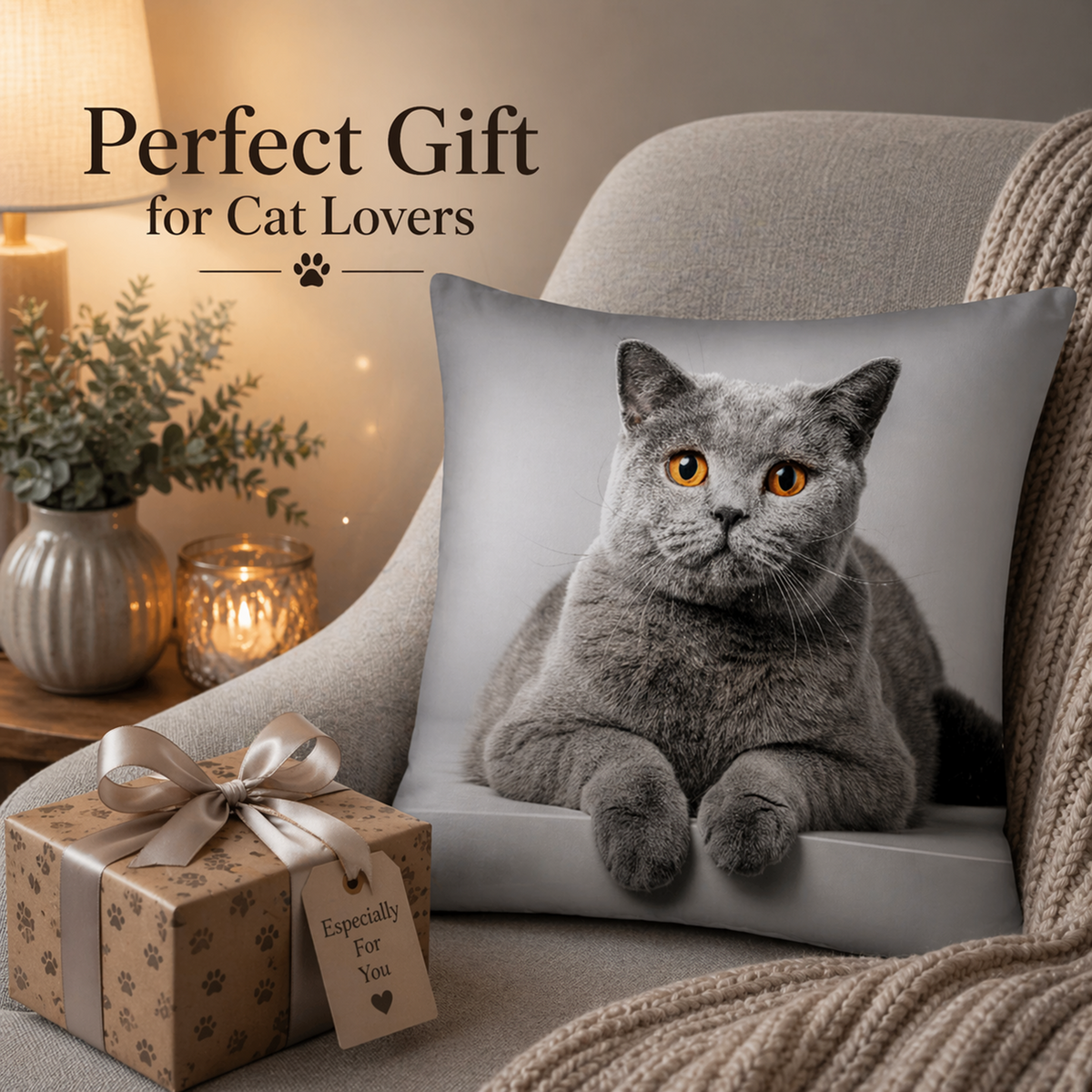A grey cushion cover featuring a realistic print of a grey cat with orange eyes, styled on a beige armchair next to a wrapped gift box with paw-print patterns and the text 'Perfect Gift for Cat Lovers'.