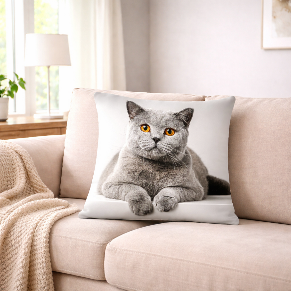 A square cushion cover featuring a printed photo of a grey cat with yellow eyes, resting on a beige sofa in a softly lit living room.