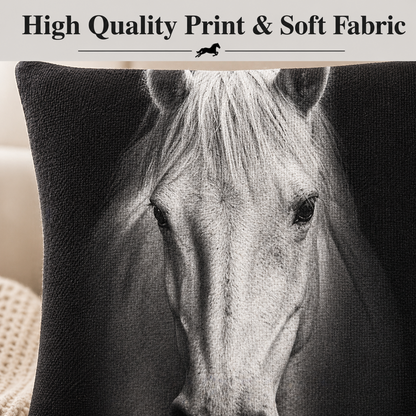 A square cushion cover featuring a high-contrast black and white horse face print, with a textured fabric finish. The top of the image has a banner overlay reading 'High Quality Print & Soft Fabric' with a small horse logo.