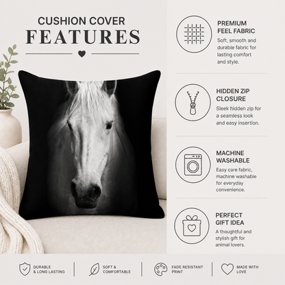 A square cushion cover featuring a black-and-white horse face print, displayed on a sofa with marketing text and icons highlighting features like premium feel fabric, hidden zip closure, machine washable, and durable long-lasting quality.