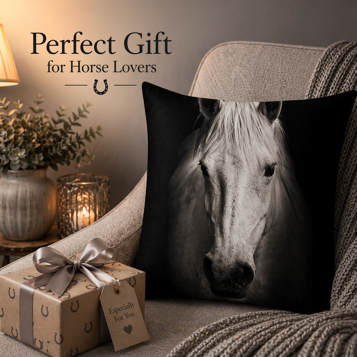 A square cushion cover featuring a black-and-white close-up portrait of a horse, styled on a beige armchair next to a wrapped gift box and a knitted blanket. Text in the upper left reads 'Perfect Gift for Horse Lovers' with a horseshoe icon.