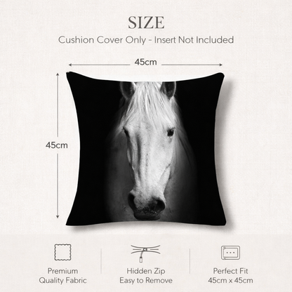 Size chart graphic for a square cushion cover featuring a black-and-white horse portrait. Text at the top reads 'SIZE' and 'Cushion Cover Only - Insert Not Included,' with dimension arrows showing 45cm width and 45cm height.