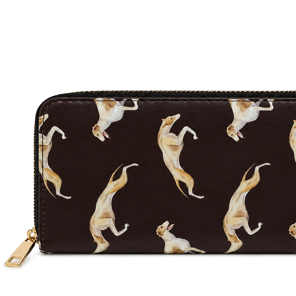 A dark brown zip-around wallet with a repeating pattern of light brown and white Greyhound & Whippet dogs in various playful poses, featuring a gold-tone zipper pull.