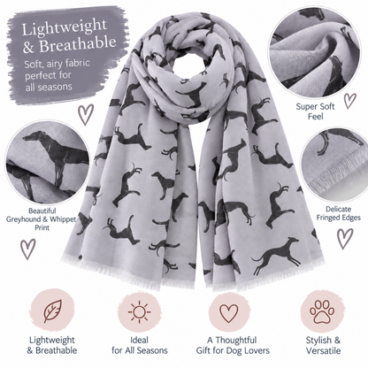 A light grey scarf with a black greyhound whippet dog silhouette print, shown draped on a white background with feature callouts and circular fabric detail insets. Text highlights lightweight, breathable fabric, soft feel, and a delicate fringed edge.