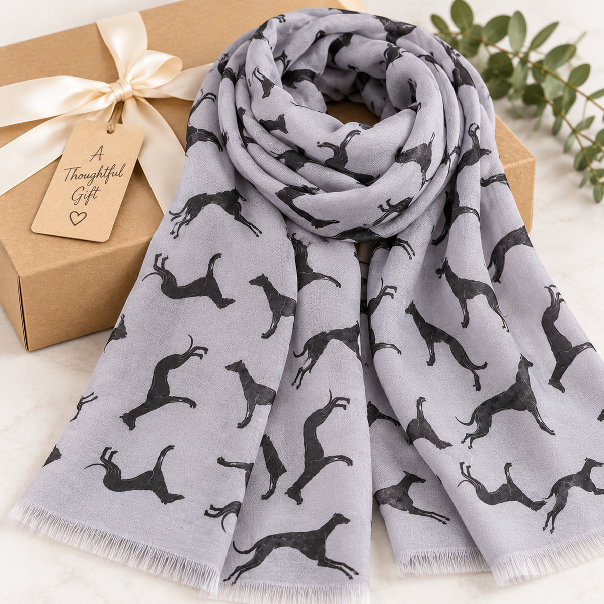 A light grey scarf with a black greyhound whippet dog print pattern, styled on top of a brown kraft gift box with a cream ribbon and tag. A small green plant sprig is visible in the background on a light marble surface.