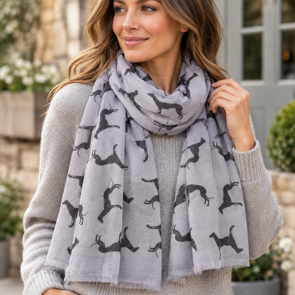 A woman wearing a light grey scarf with a black greyhound whippet dog print, styled over a grey knit sweater in an outdoor setting.