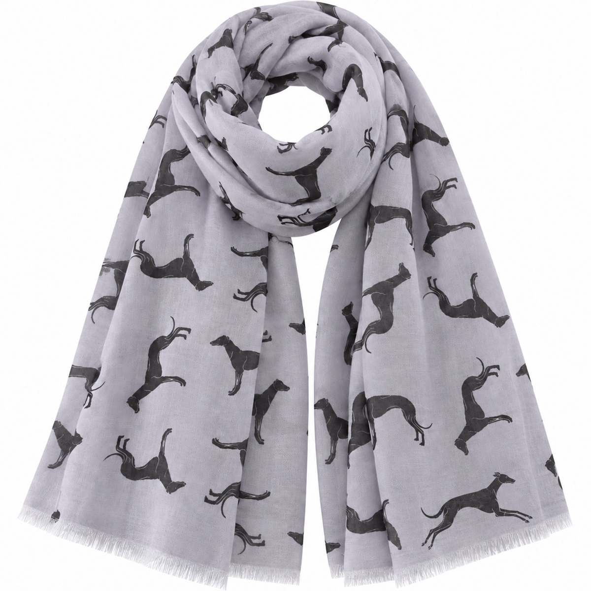 A light grey scarf with an allover black silhouette print of greyhound whippet dogs, shown draped against a plain white background.